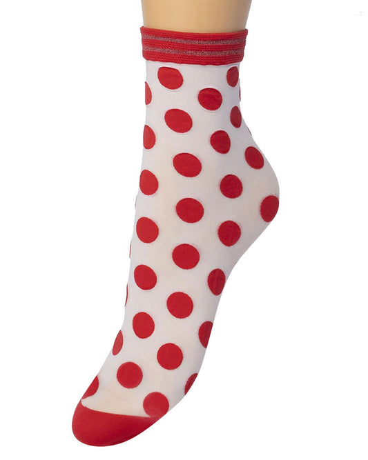 Bonnie Doon Big Dots Socks - White semi-opaque fashion ankle socks with a red polka dot pattern, reinforced toe and striped sparkly lurex cuff.