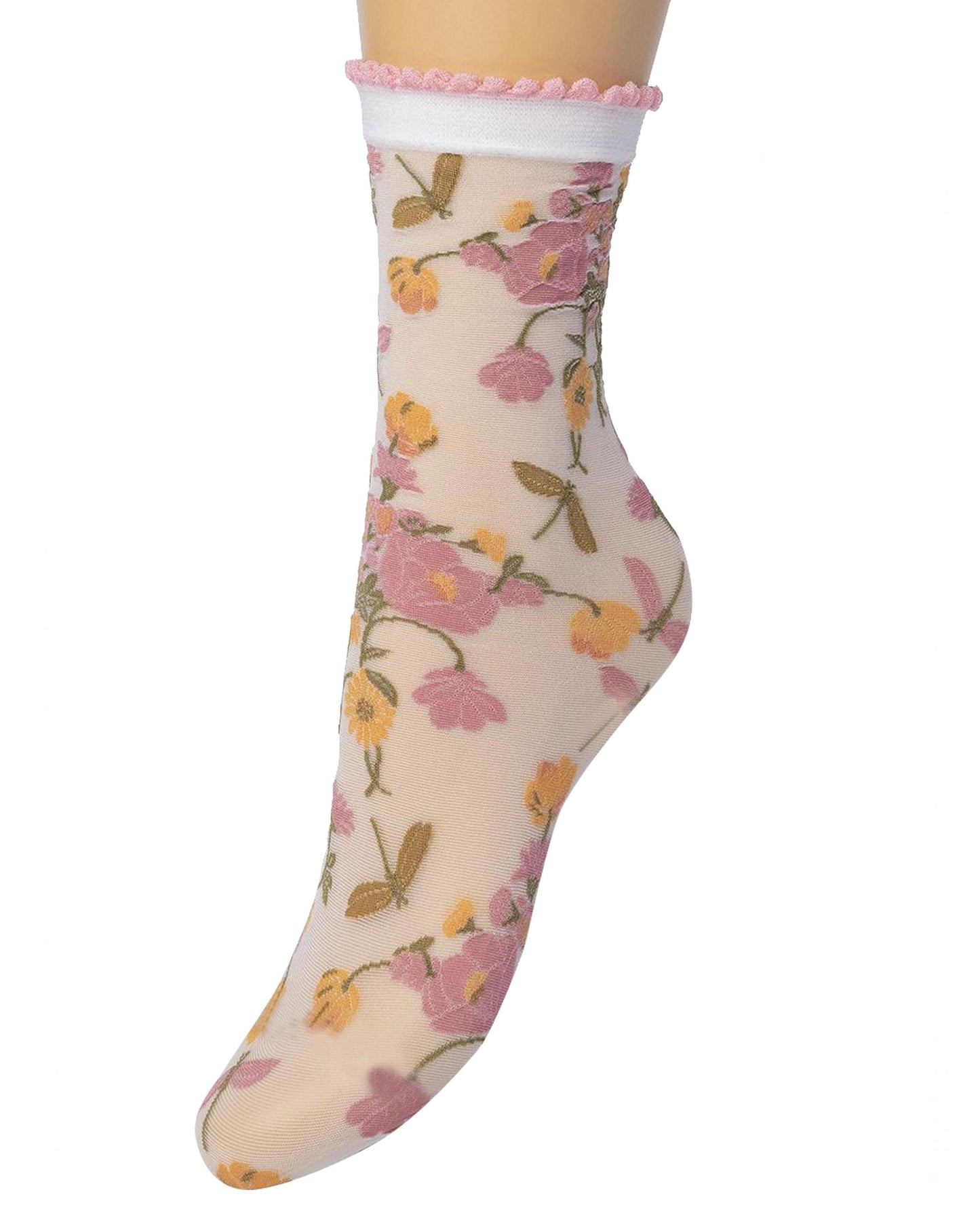 Bonnie Doon Retro Flower Sock - Sheer fashion ankle socks with a woven floral pattern and scalloped edge cuff.