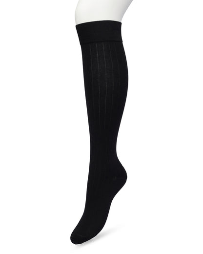 Bonnie Doon Rib Knee High Sock - Black knitted rib knee-high sock with shaped heel, flat toe seam and deep elasticated cuff.