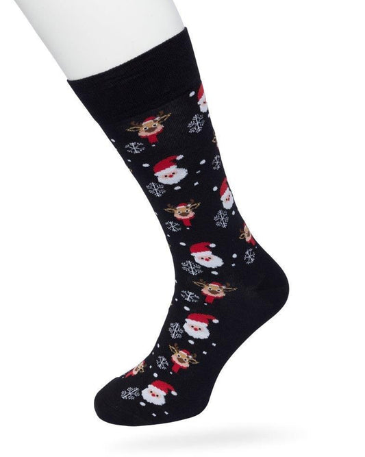 Bonnie Doon Santa & Rudolf Sock - men's Christmas themed cotton crew length ankle socks with Santas, Rudolf and snowflakes and and flat toe seams.