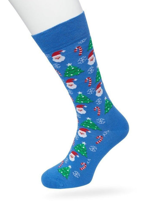 Bonnie Doon BP212512 / BP211512 Santa Sock - Blue Christmas themed cotton crew length ankle socks with Santas, candy canes, snowflakes and Xmas trees, baubles and flat toe seams.