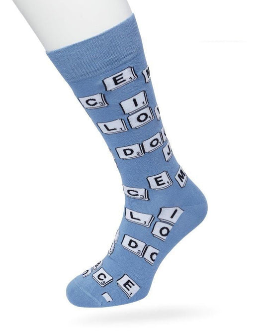 Bonnie Doon BT992134 Scrabble Sock - Light blue cotton crew length ankle socks with white scrabble letter tiles pattern, shaped heel and flat toe seams.