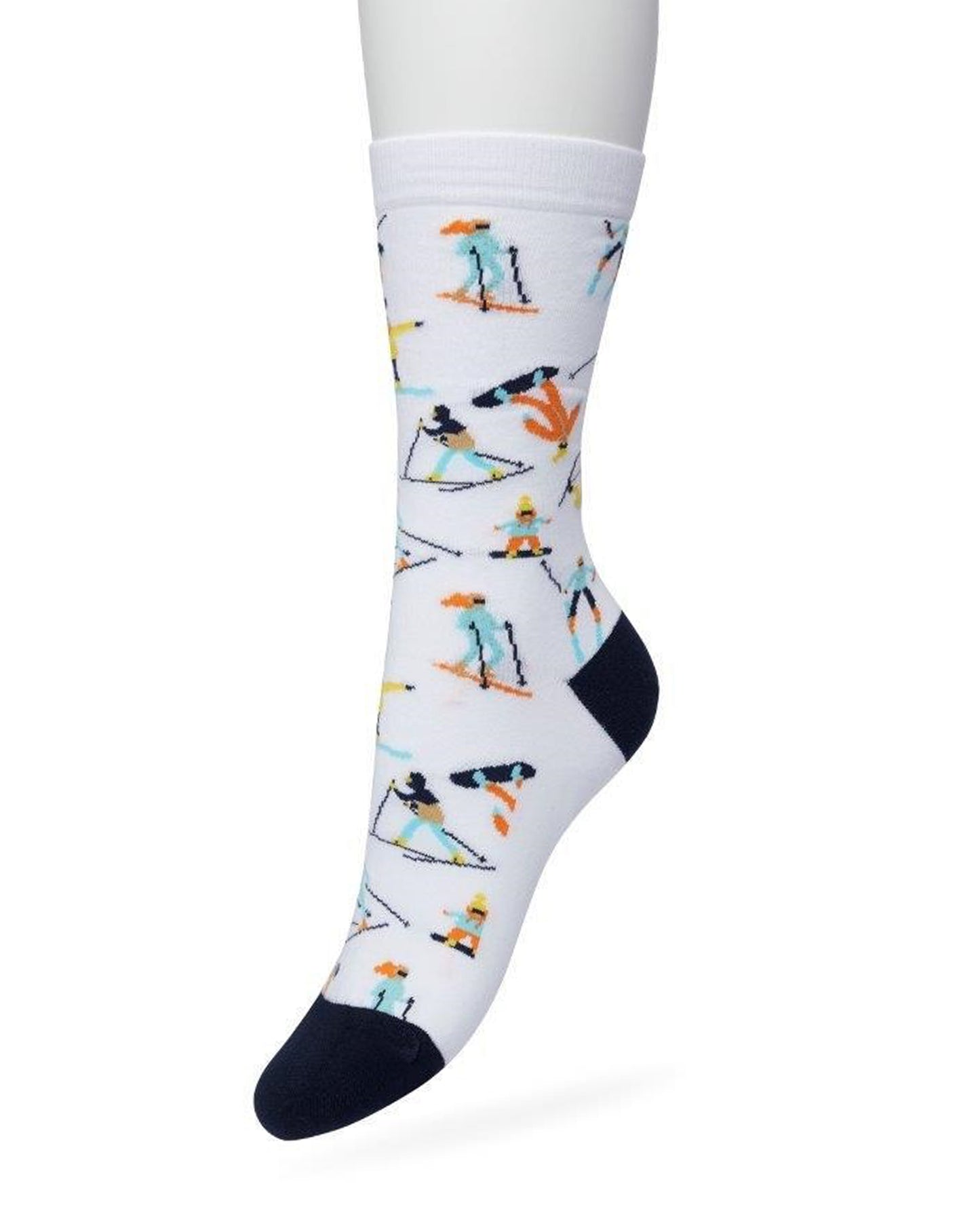 Bonnie Doon BT991128 Skiing Sock - White cotton crew length ankle socks with multicoloured downhill skiers and snowboarders pattern, shaped heel and flat toe seams.