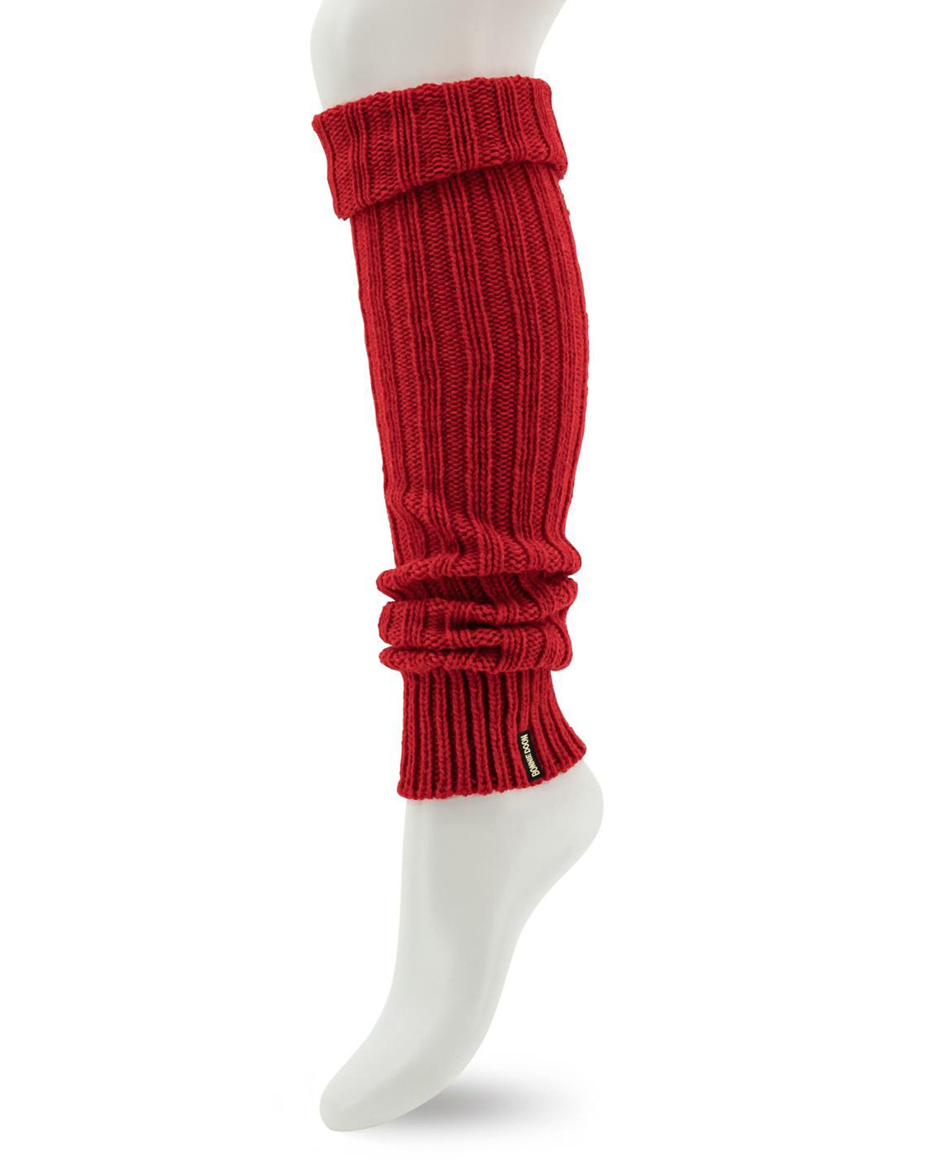 chunking warm wool mix rib knit leg warmers in a bright red colour