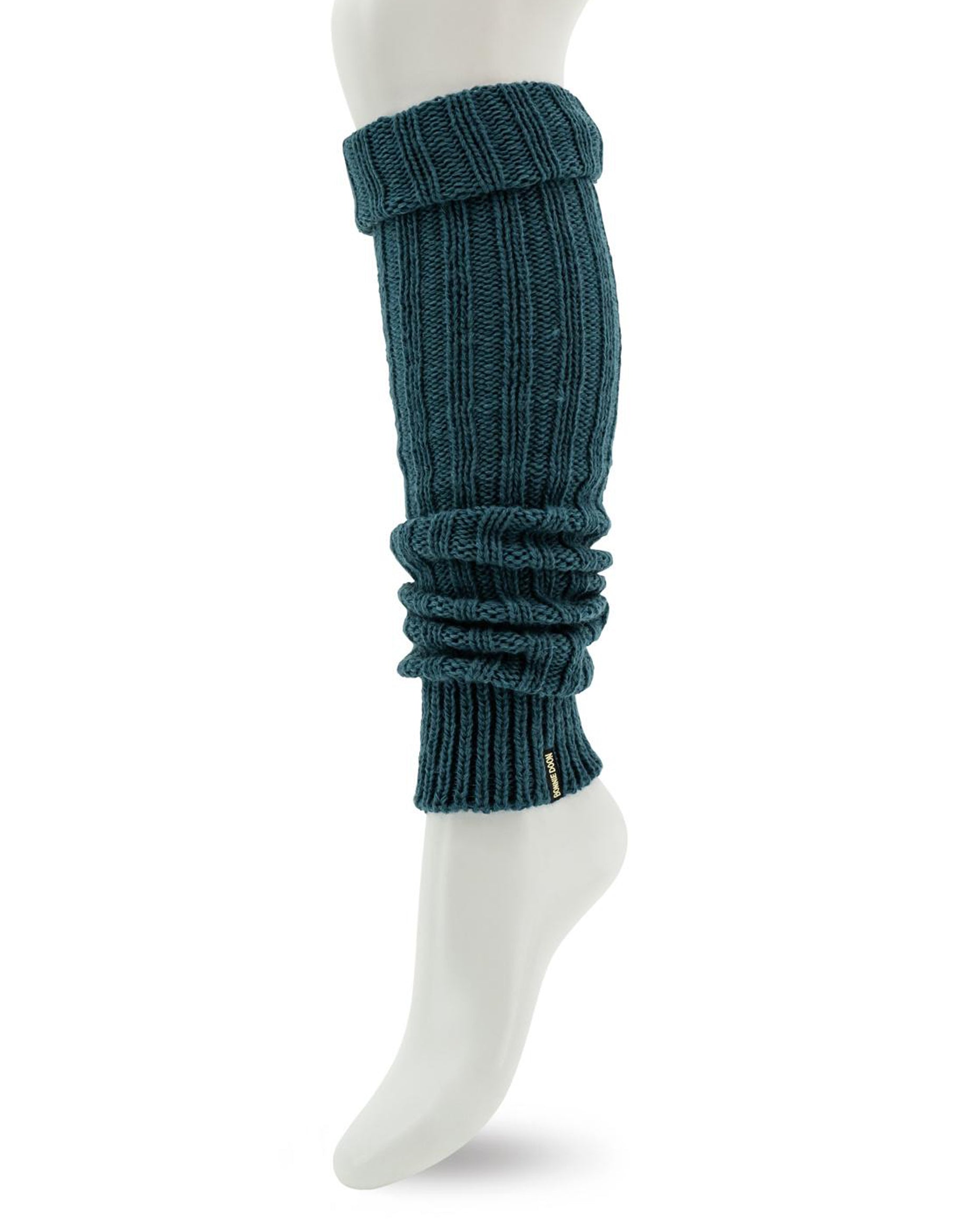 chunking rib knit leg warmers in a teal blue colour