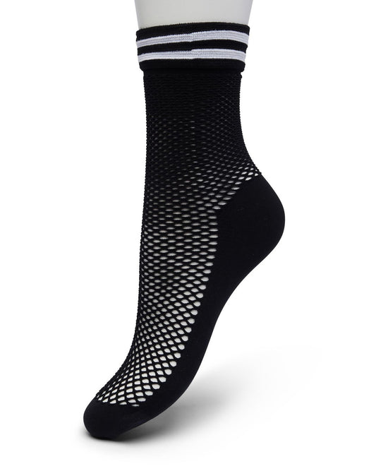 Bonnie Doon Sporty Fishnet Socks - Black fishnet ankle socks with a plain opaque sole and reinforced toe and deep elasticated comfort cuff with a white double sports stripe.