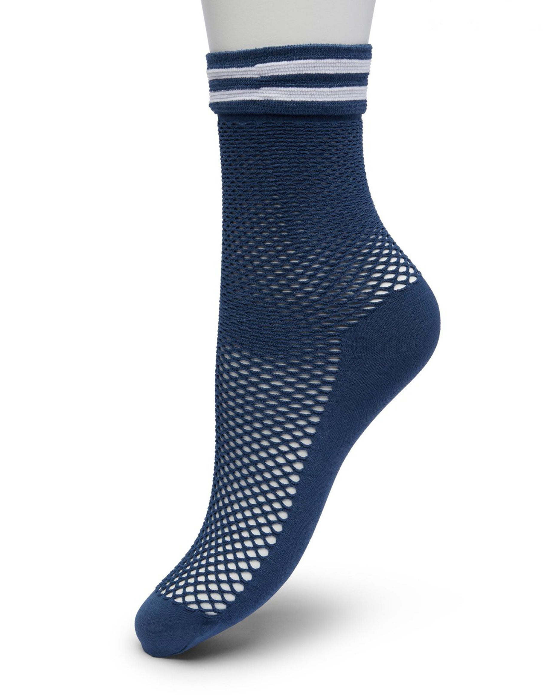 Bonnie Doon Sporty Fishnet Socks - Navy blue fishnet ankle socks with a plain opaque sole and reinforced toe and deep elasticated comfort cuff with a white double sports stripe.
