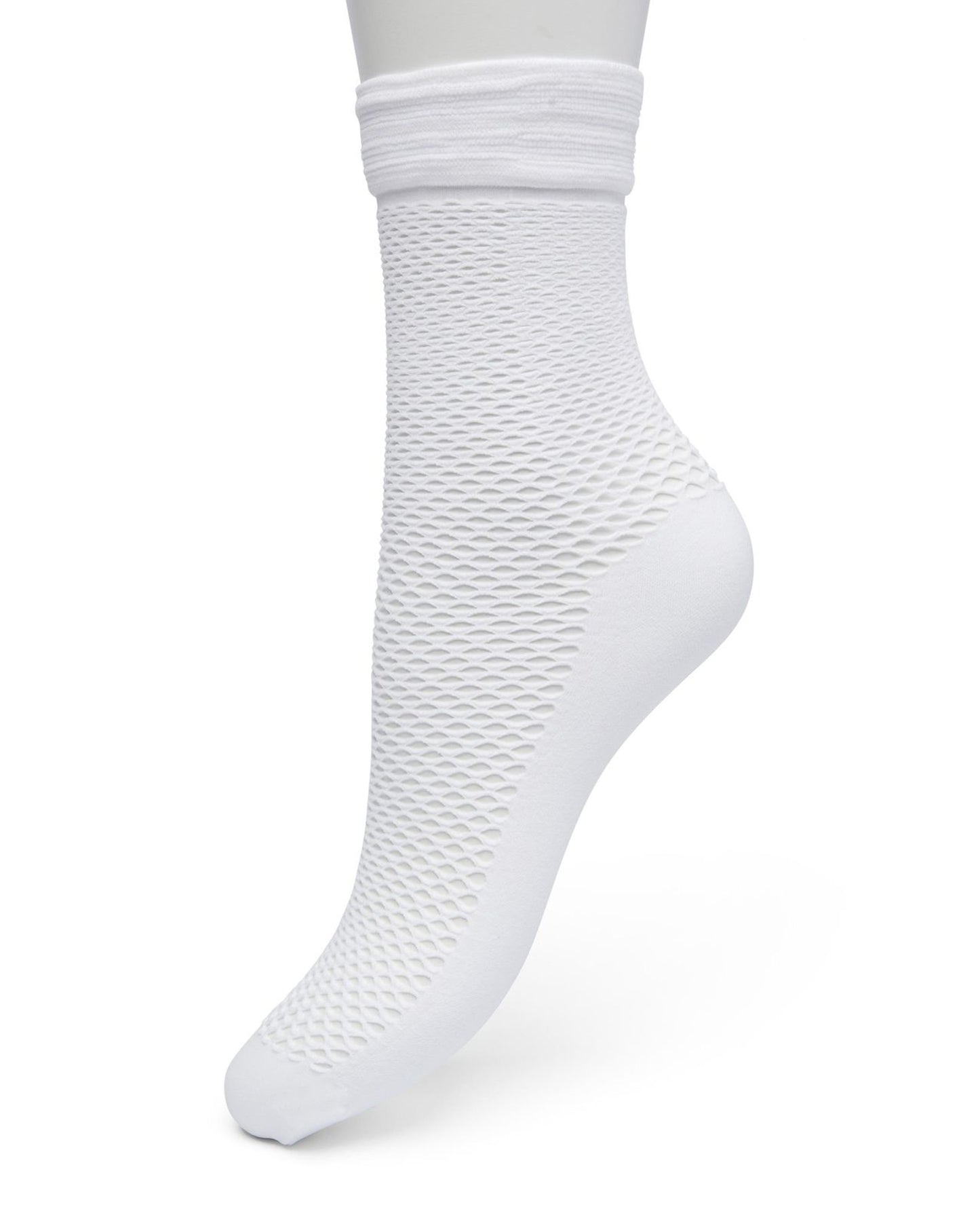 Bonnie Doon Sporty Fishnet Socks - White fishnet ankle socks with a plain opaque sole and reinforced toe and deep elasticated comfort cuff with a white double sports stripe.