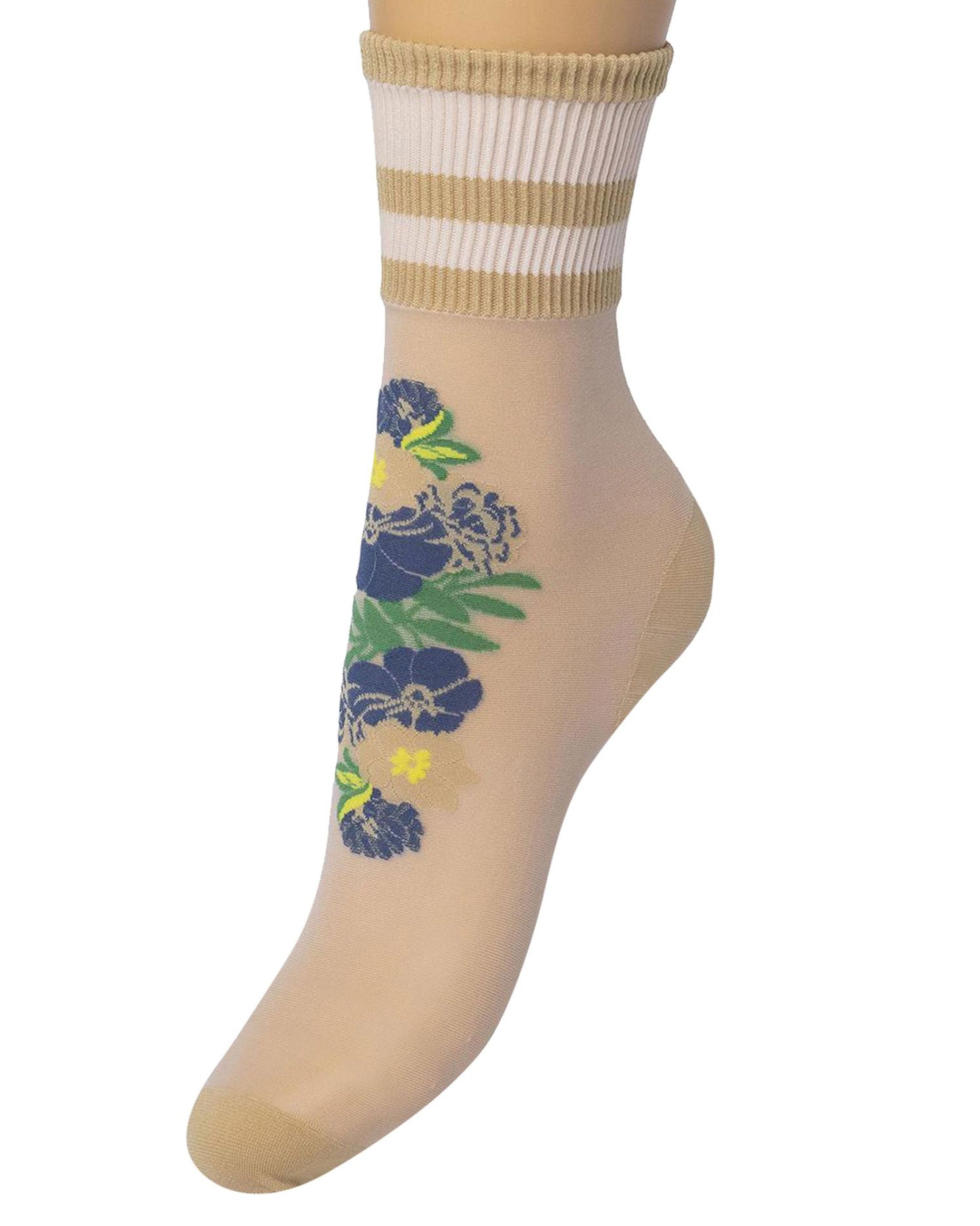 Bonnie Doon Sporty Flower Sock - sheer beige fashion ankle socks with a woven floral motif in navy, green and yellow and deep white elasticated cuff with three beige sports style stripes.