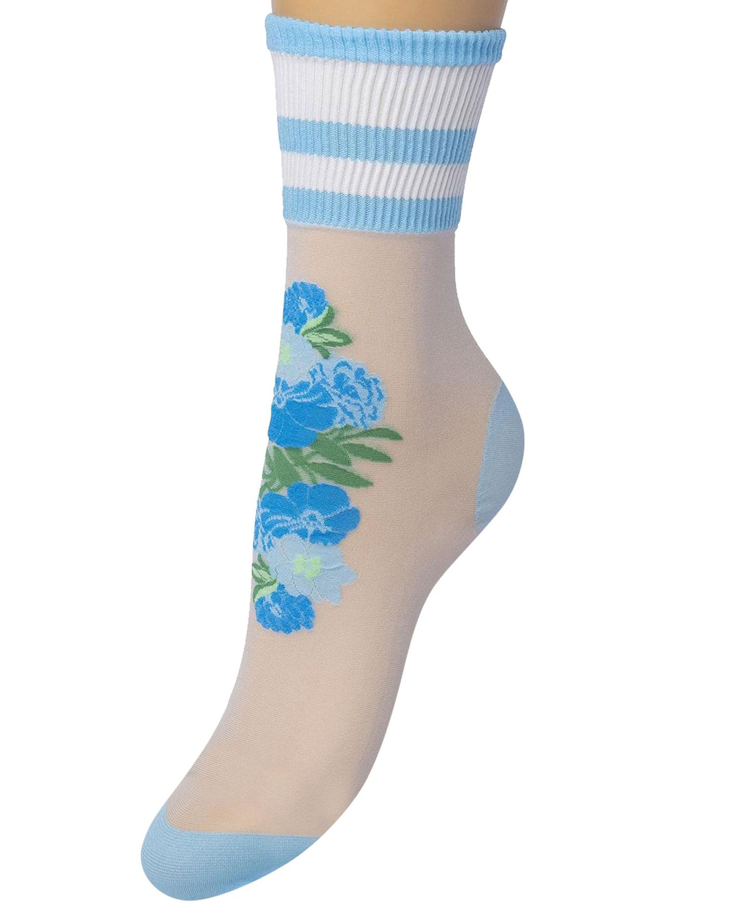 Bonnie Doon Sporty Flower Sock - sheer white fashion ankle socks with a woven floral motif in shades of green and blue and deep white elasticated cuff with three light blue sports style stripes.