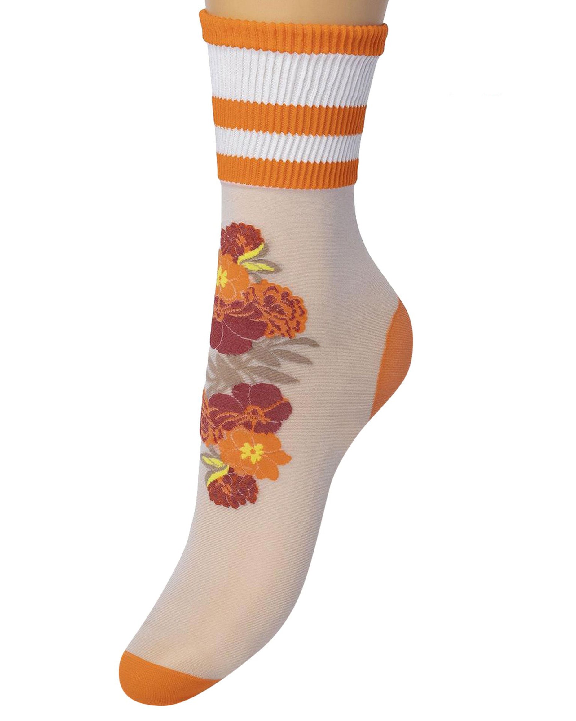 Bonnie Doon Sporty Flower Sock - sheer white fashion ankle socks with a woven floral motif in red, orange and yellow and deep white elasticated cuff with three orange sports style stripes.