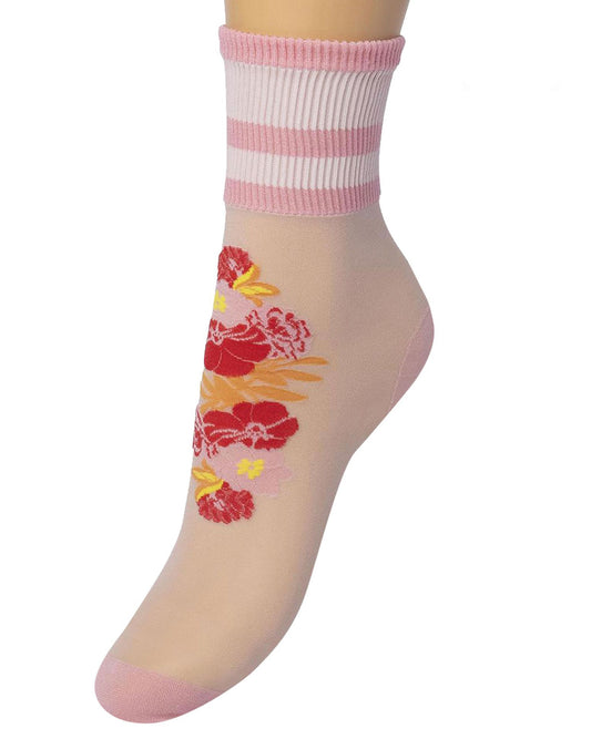 Bonnie Doon Sporty Flower Sock - sheer light pink fashion ankle socks with a woven floral motif in red and orange and deep white elasticated cuff with three pink sports style stripes.