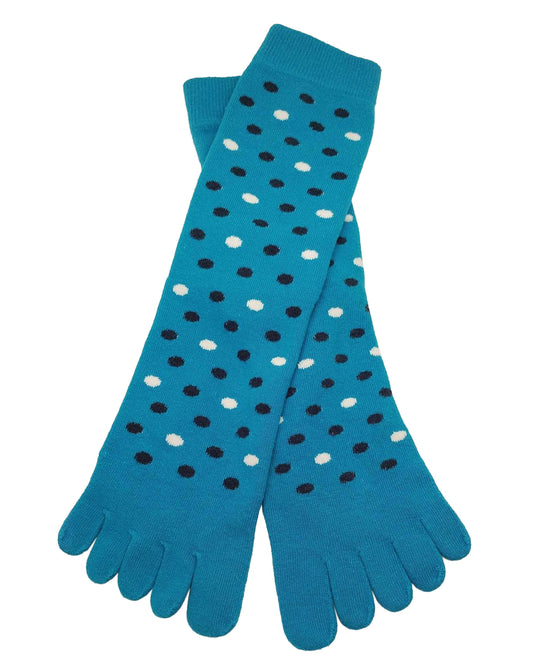 Bonnie Doon Dots Toe Socks - Bright ocean blue cotton toe socks with a navy and white polka dot pattern.
