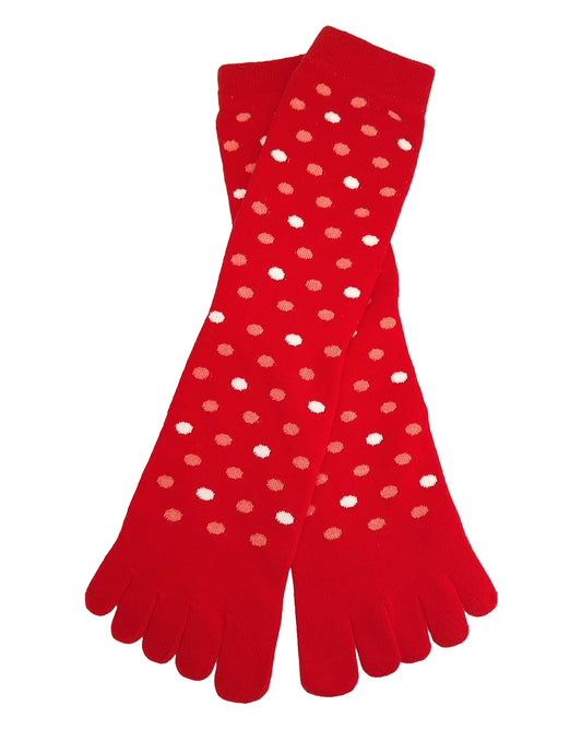 Bonnie Doon Dots Toe Socks - Bright red cotton toe socks with light red and white polka dot pattern.