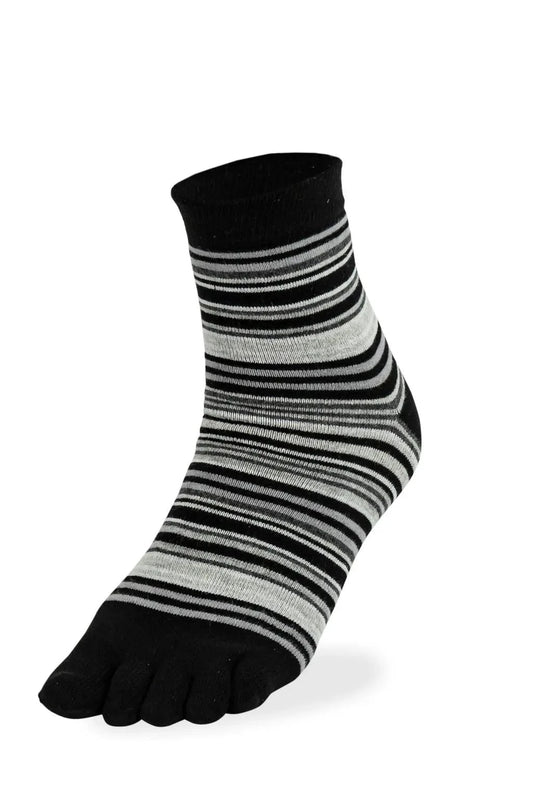 Bonnie Doon Toe Socks Funky Stripes - Men's black and grey horizontal stripe patterned crew length cotton mix toe socks.