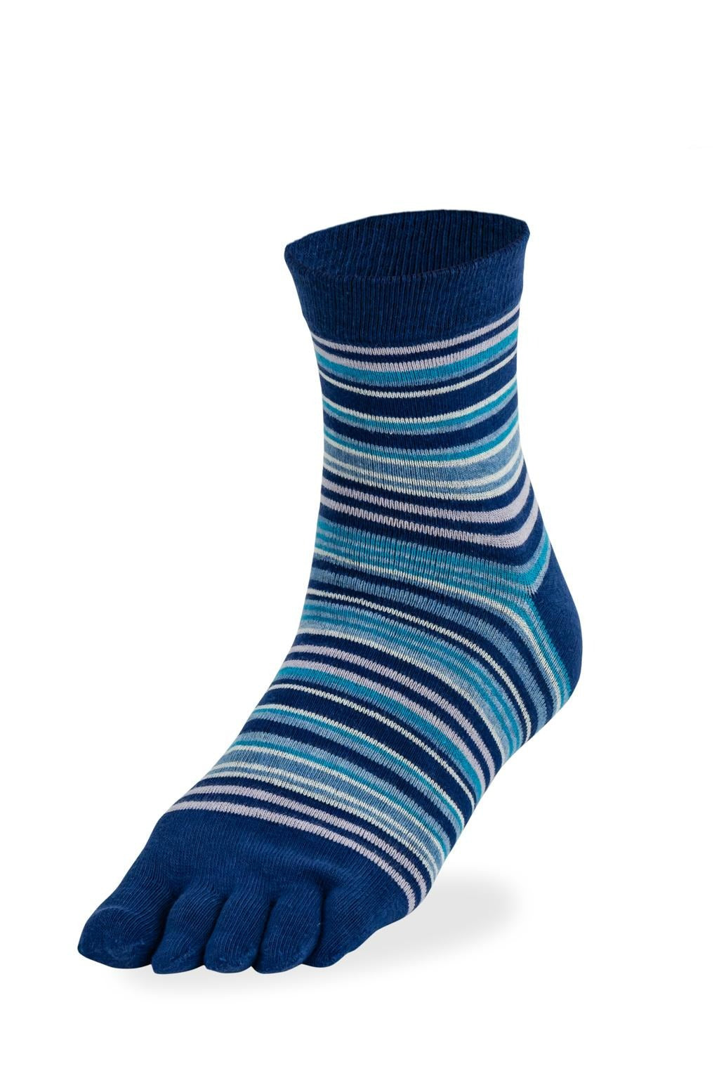 Bonnie Doon Toe Socks Funky Stripes - Men's blue and lilac horizontal stripe patterned crew length cotton mix toe socks.