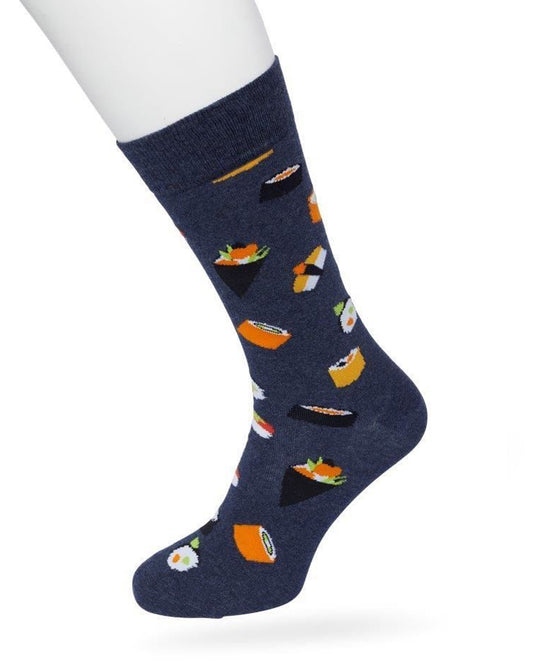 Bonnie Doon Sushi Sock - Navy blue cotton crew length ankle socks with multicoloured sushi pattern, shaped heel and flat toe seams.