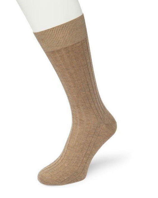 Bonnie Doon Tencel Rib Knee Sock - Beige silky soft ribbed Tencel&nbsp;crew length dress socks with a shaped heel, flat toe seam and deep elasticated comfort cuff.