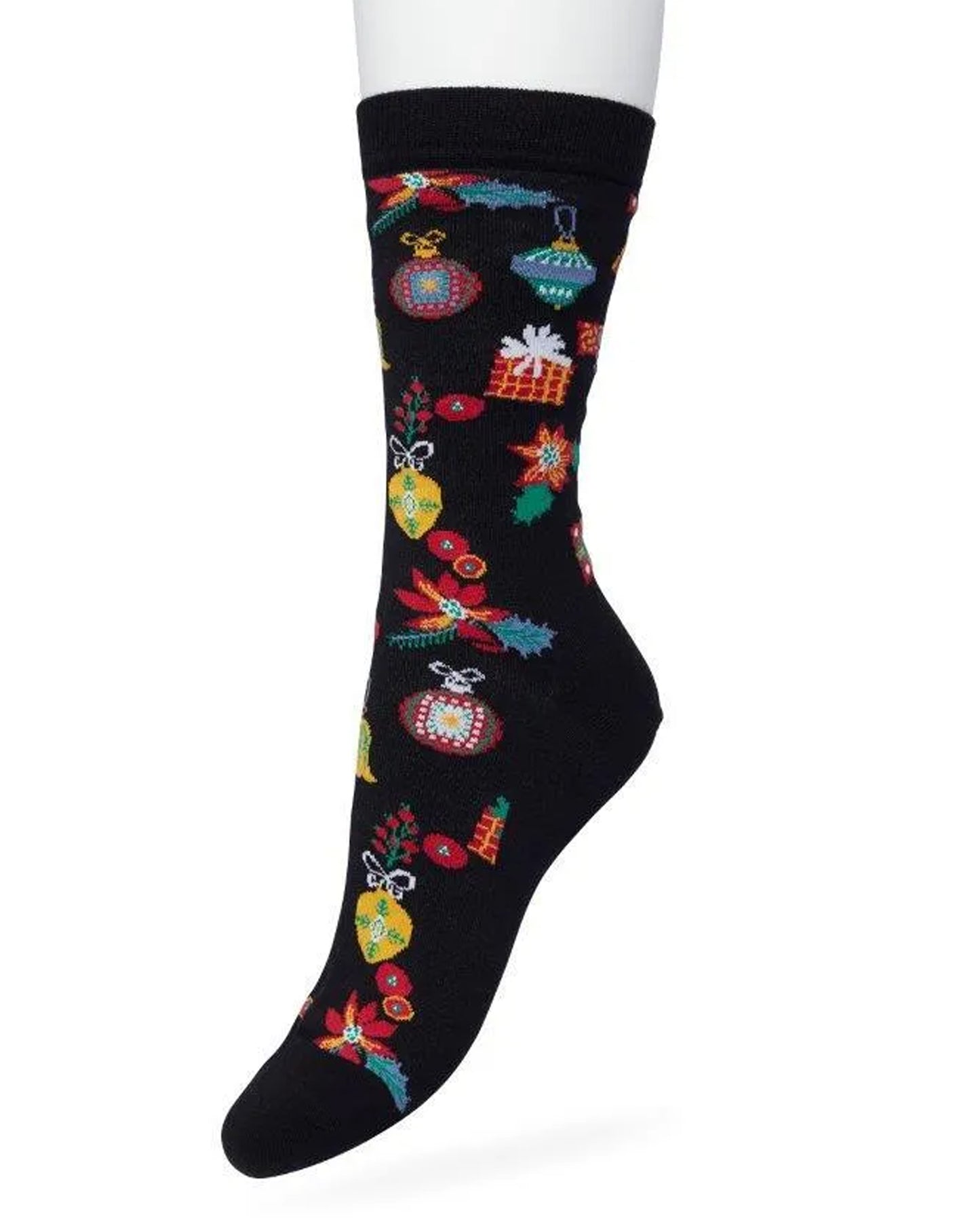 Bonnie Doon Christmas Time Sock - Black Christmas themed cotton crew length ankle socks with multicoloured presents, baubles, bells and poinsettia flowers and flat toe seams.