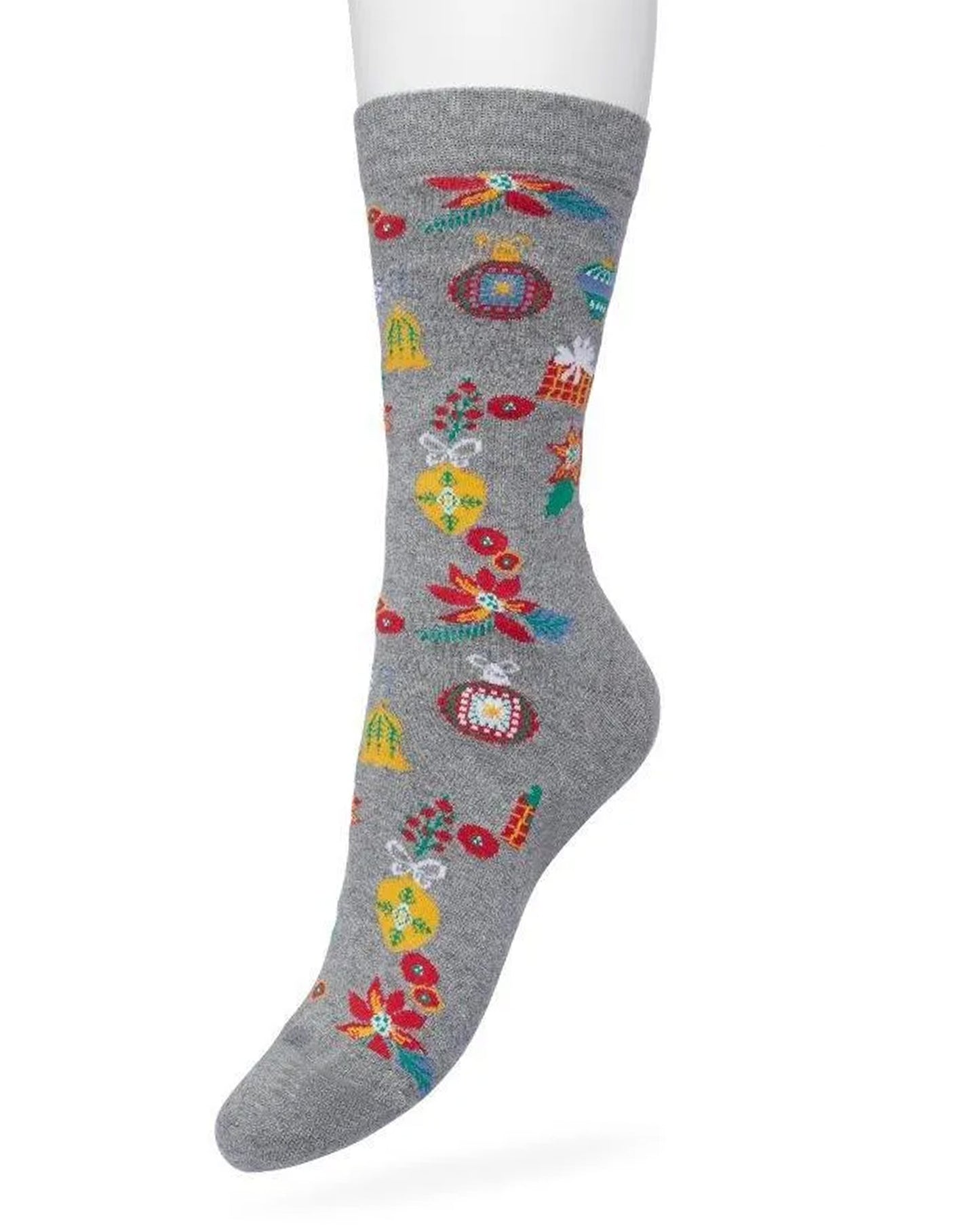 Bonnie Doon Christmas Time Sock - Grey Christmas themed cotton crew length ankle socks with multicoloured presents, baubles, bells and poinsettia flowers and flat toe seams.