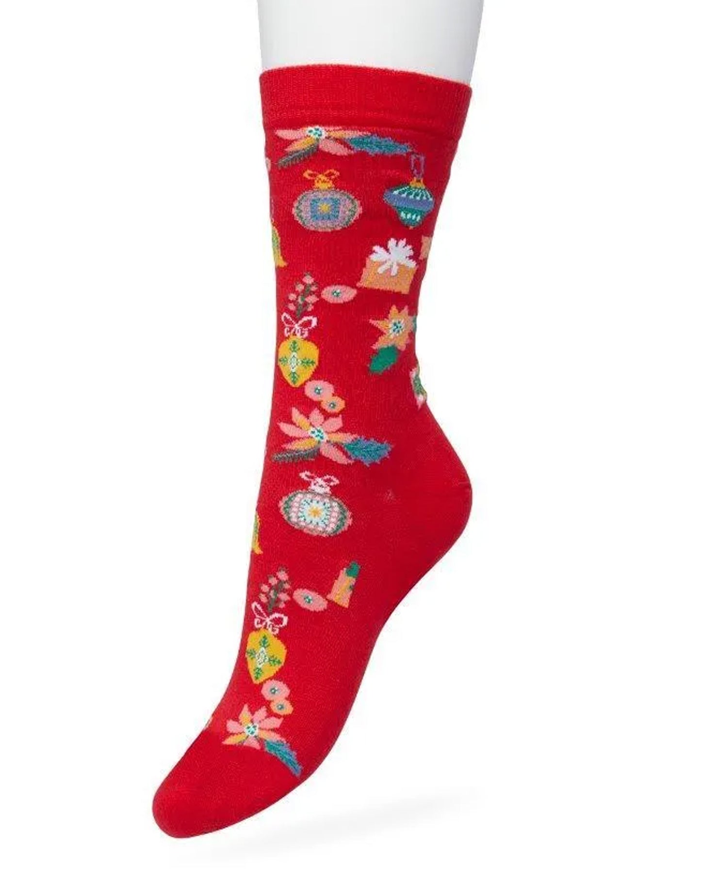 Bonnie Doon Christmas Time Sock - Red Christmas themed cotton crew length ankle socks with multicoloured presents, baubles, bells and poinsettia flowers and flat toe seams.