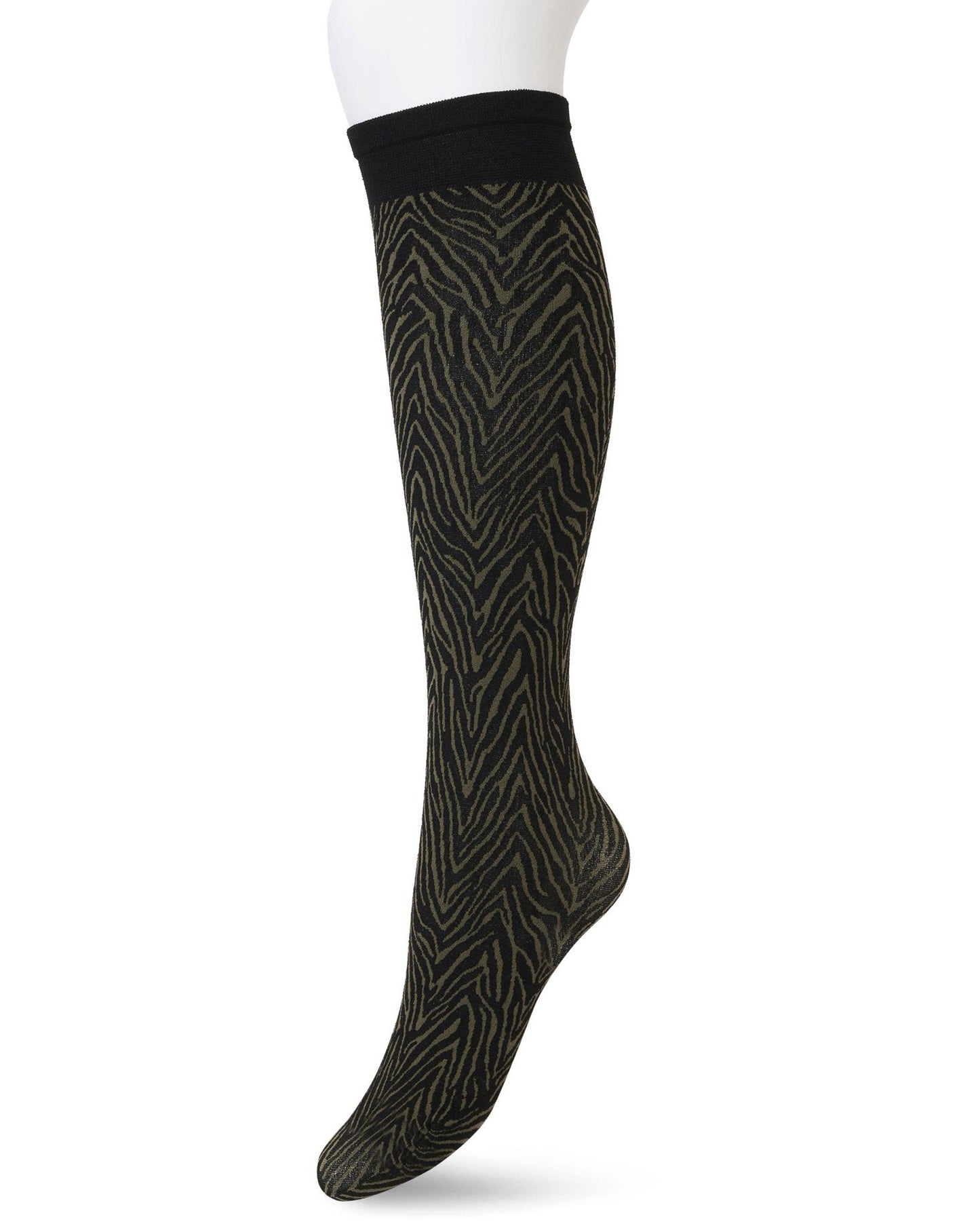 Bonnie Doon BP211509 Minotauro Knee-highs - Black opaque fashion knee-high socks with a linear zebra style pattern in khaki green.