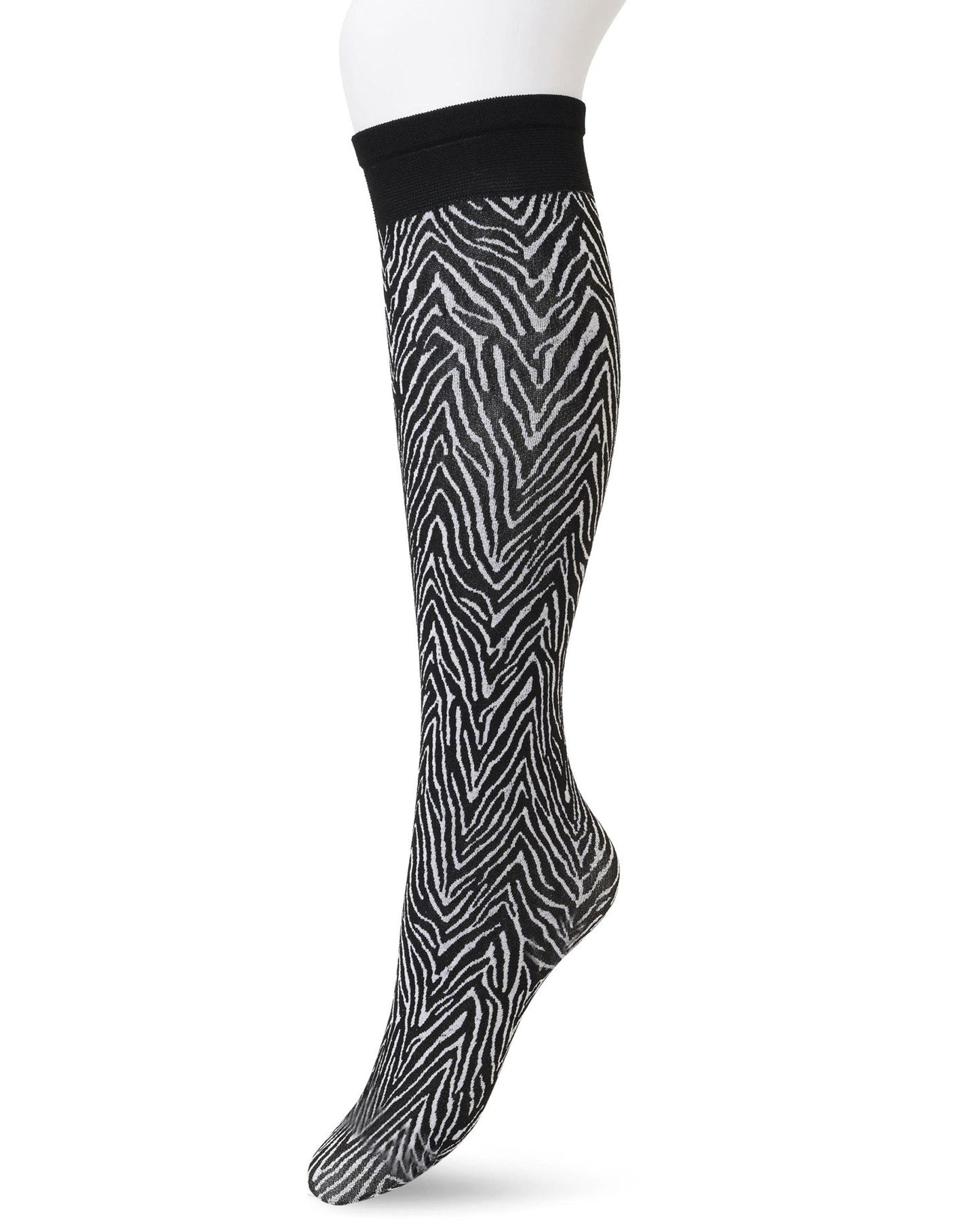 Bonnie Doon BP211509 Minotauro Knee-highs - Black opaque fashion knee-high socks with a linear zebra style pattern in white.Bonnie Doon BP211509 Minotauro Knee-highs - Black opaque fashion knee-high socks with a linear zebra style pattern in white.