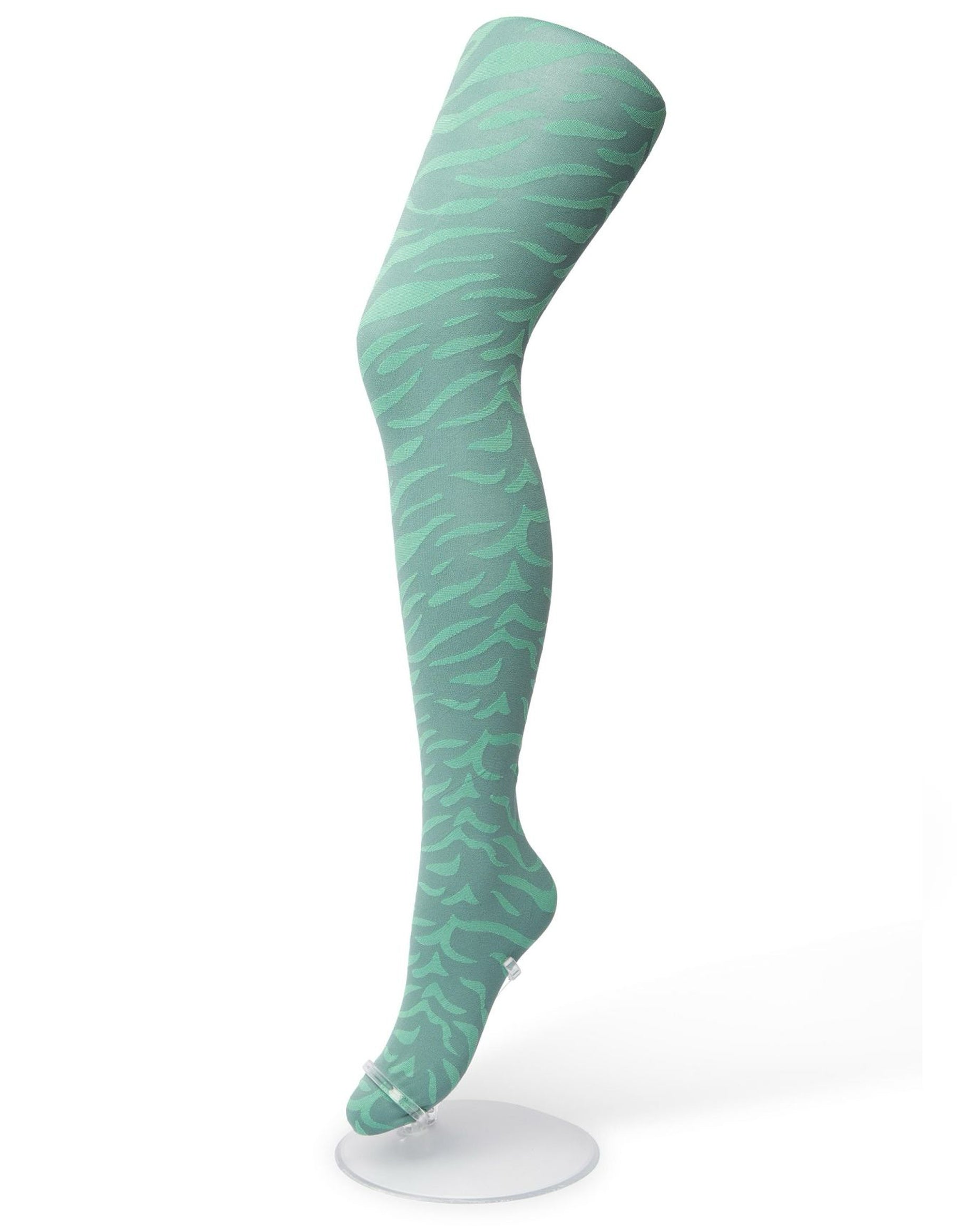 Bonnie Doon Zebra Tights - Mint green ultra opaque fashion tights with a woven wavy style zebra pattern, flat seams and gusset.