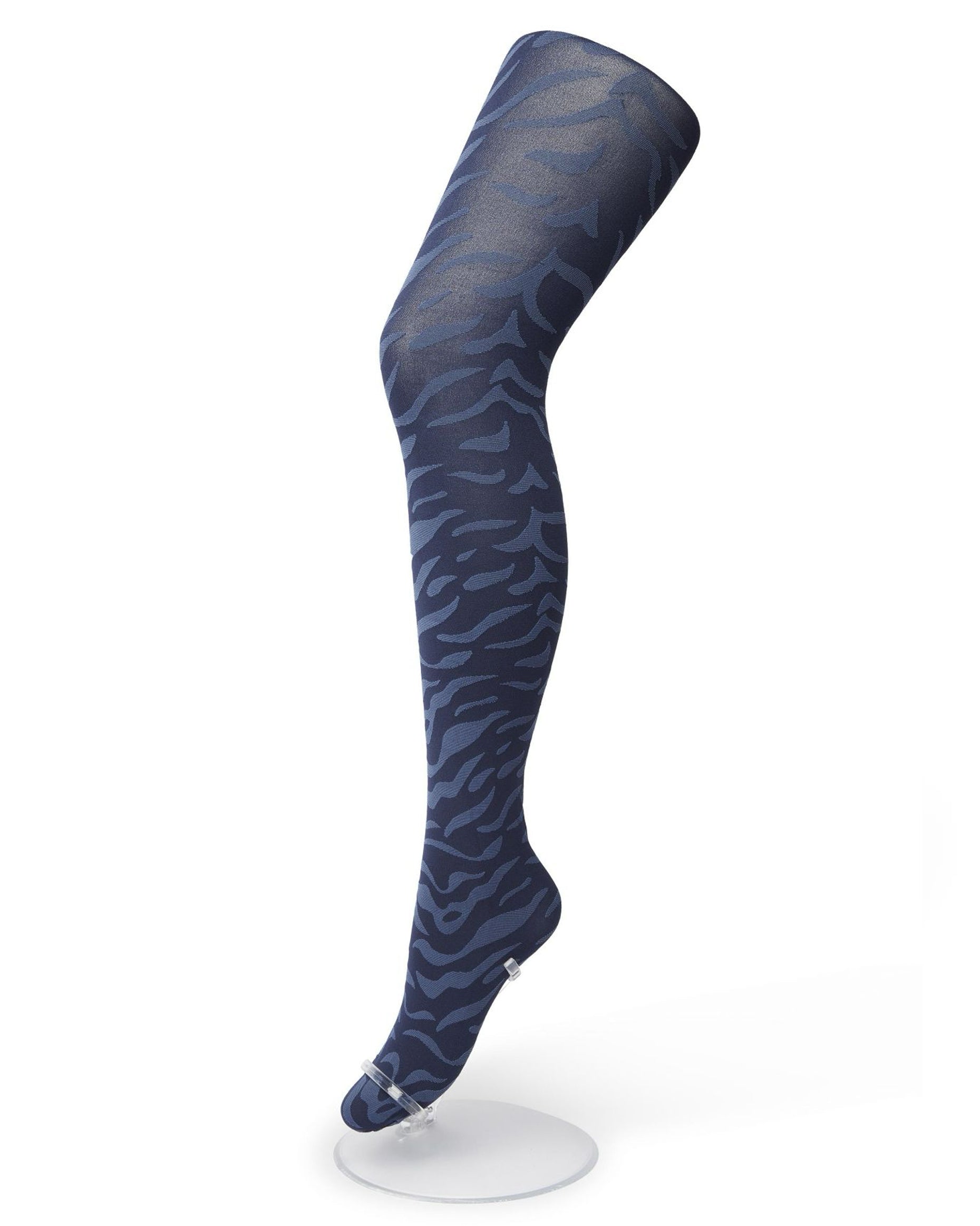 Bonnie Doon Zebra Tights - Ultra opaque blue (bering sea) fashion tights with a pale pink woven wavy style zebra pattern, flat seams and gusset.