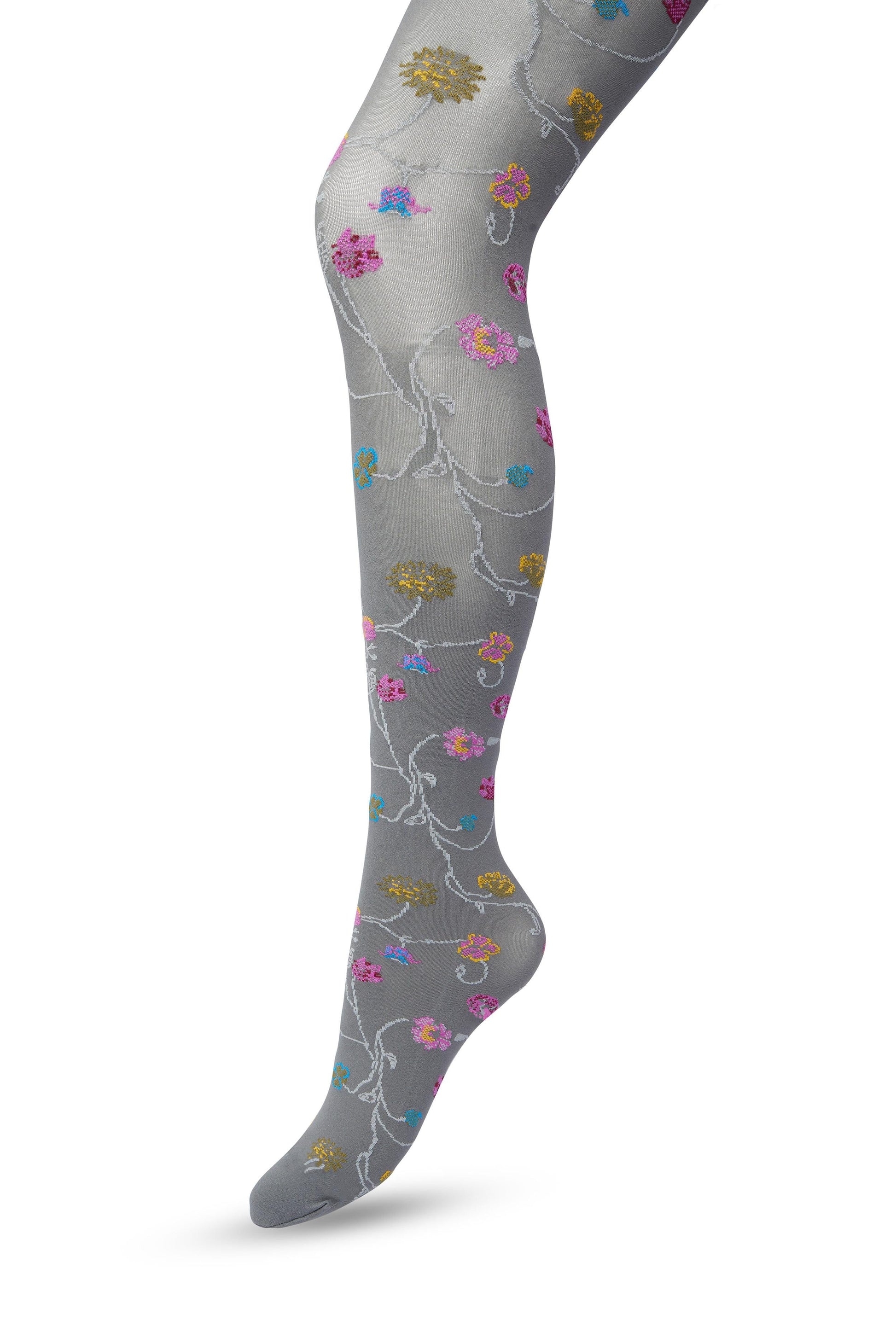 Bonnie Doon Floral Tights - Light grey opaque fashion tights with a multicoloured woven floral pattern
