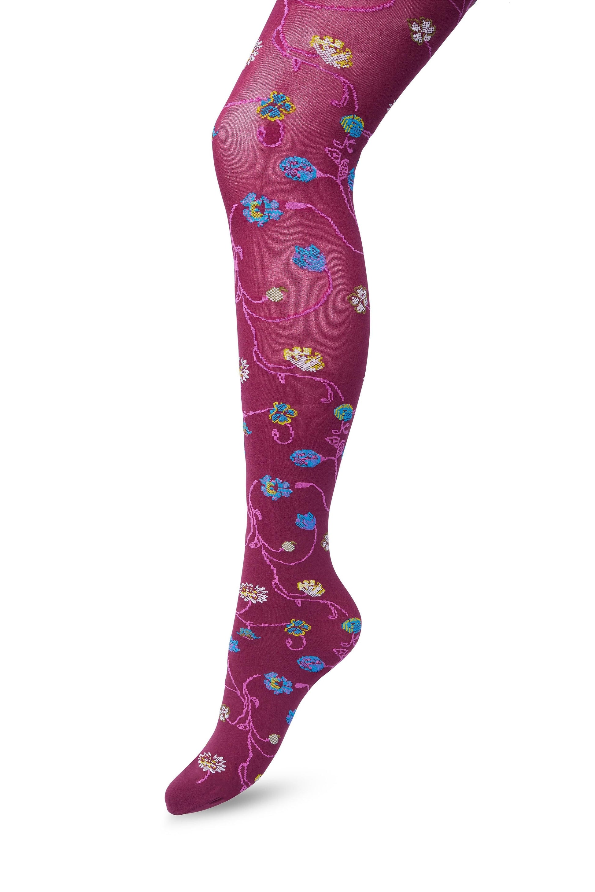 Bonnie Doon Floral Tights - Soft dark pink wine opaque fashion tights with a multicoloured woven floral pattern
