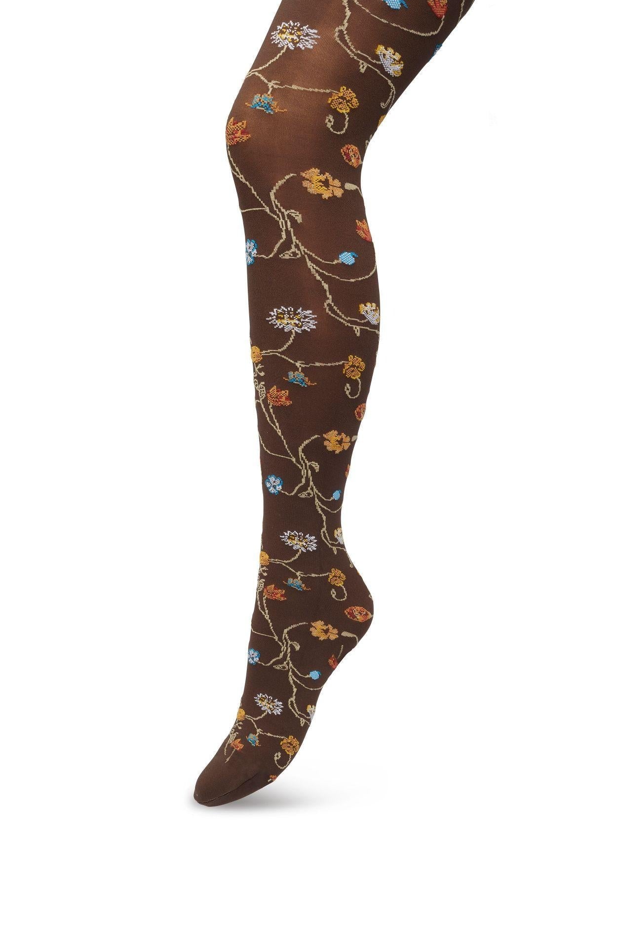 Bonnie Doon Floral Tights - Soft brown opaque fashion tights with a multicoloured woven floral pattern