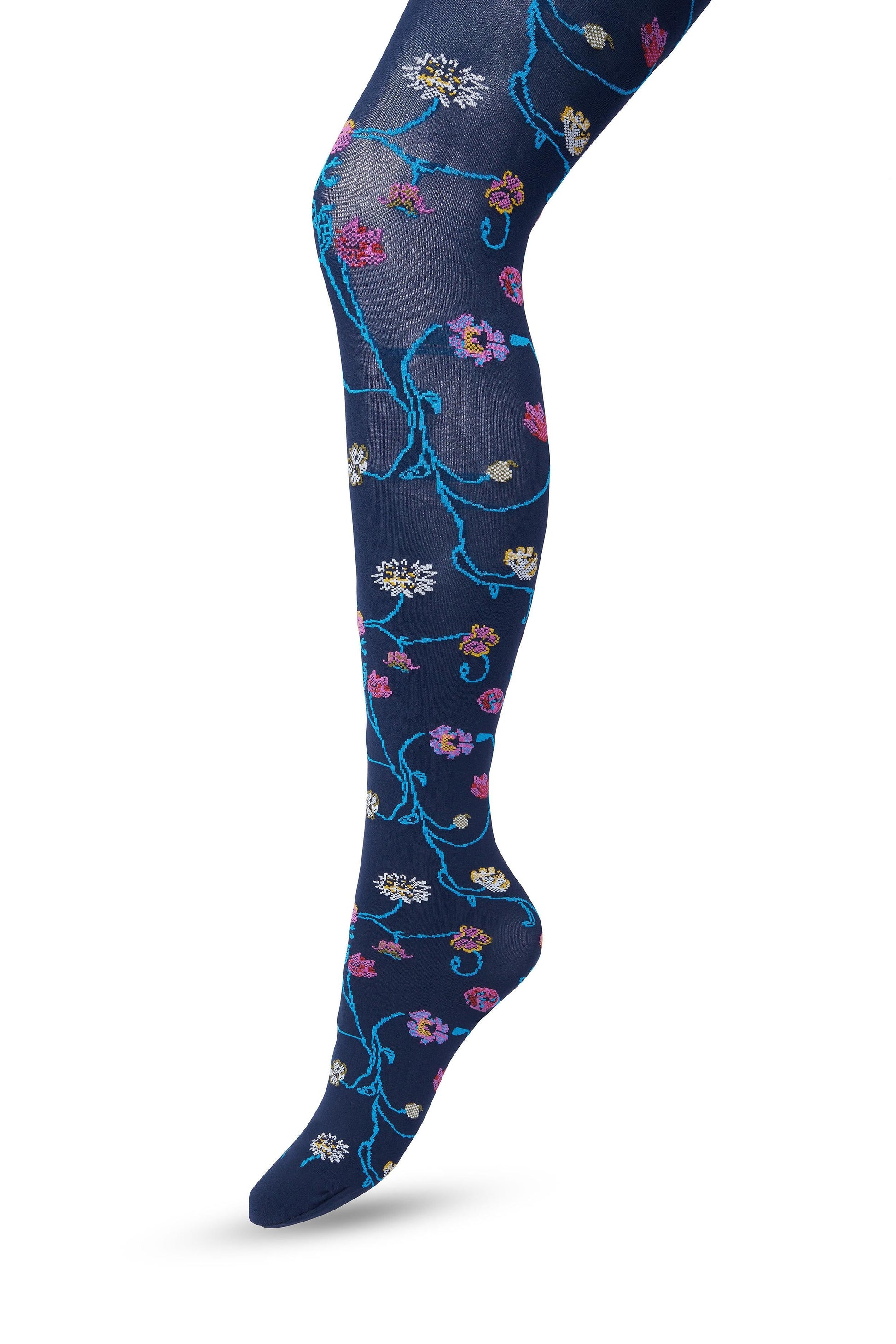 Bonnie Doon Floral Tights - Soft navy blue opaque fashion tights with a multicoloured woven floral pattern