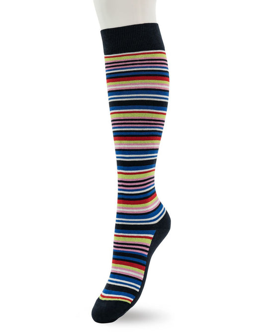 Bonnie Doon BP231501 Funky Stripes Socks -  Dark navy cotton knee high socks with a multicoloured horizontal stripe pattern in red, lime green, pink and white, plain cuff and sole.