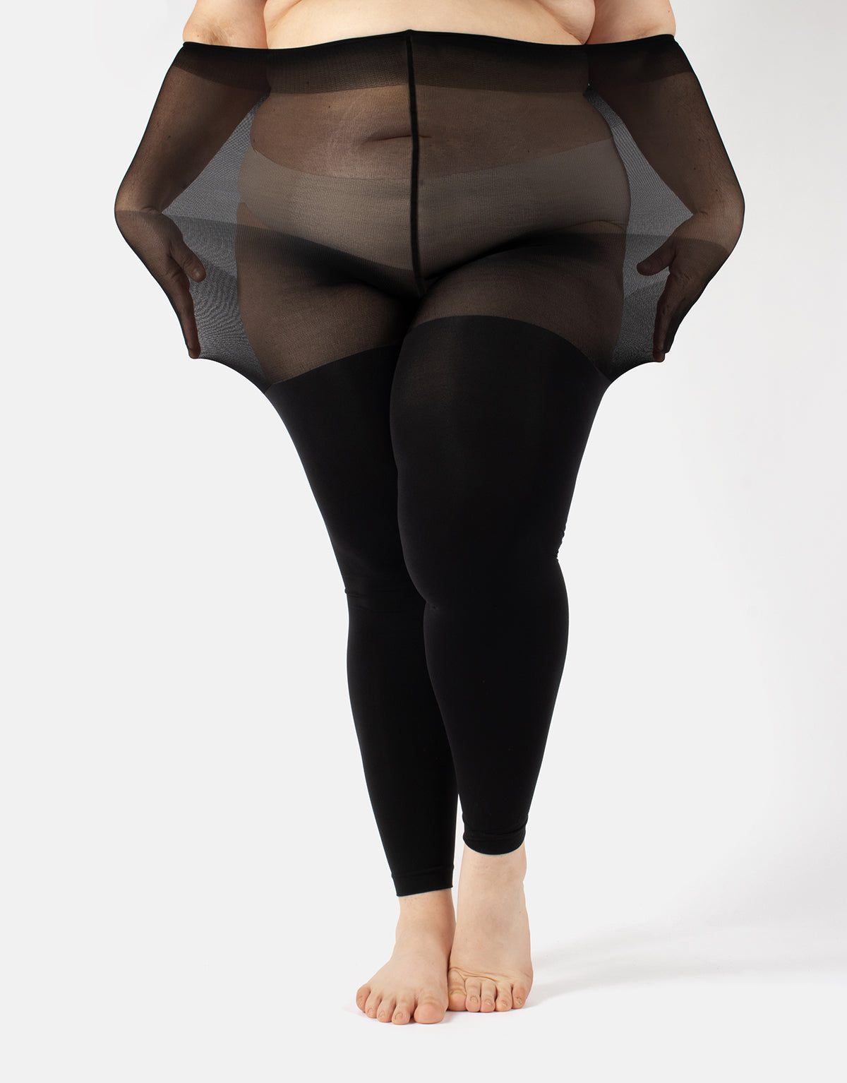 Calzitaly Curvy Footless Tights - 100 Denier black plain opaque plus size footless tights with a sheer super elasticated boxer top, anti-chafing panels, flat seams and cotton gusset.