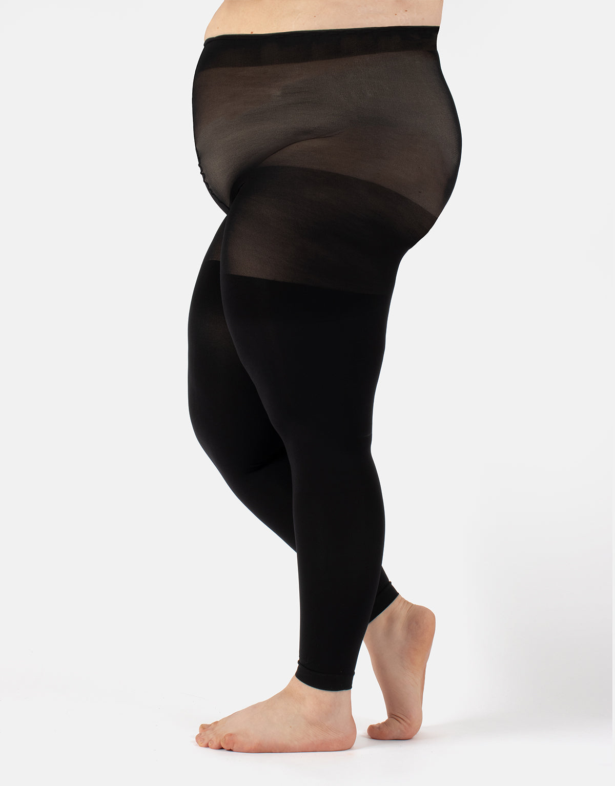 Calzitaly Curvy Footless Tights - 100 Denier black plain opaque plus size footless tights with a sheer super elasticated boxer top, anti-chafing panels, flat seams and cotton gusset.