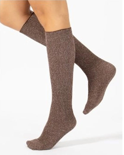 A pair of ribbed knee-high socks in a heathered brown color, shown on a model's legs against a plain white background.