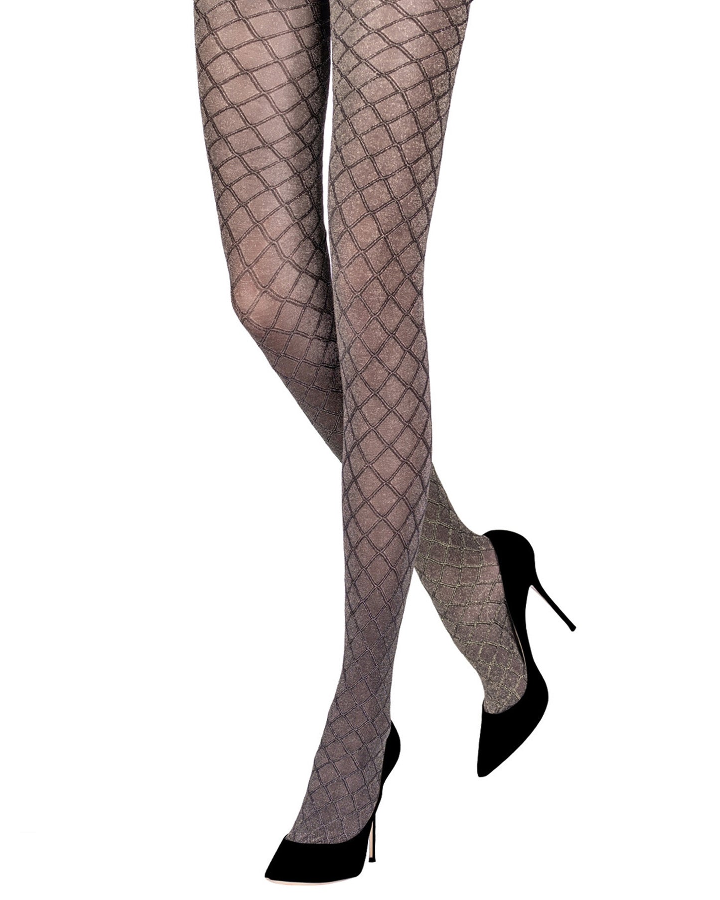 Emilio Cavallini Metallized Diamond Tights - Semi opaque black tights with an all over enclosed fishnet style textured pattern with sparkly gold lamé throughout, perfect for party season.