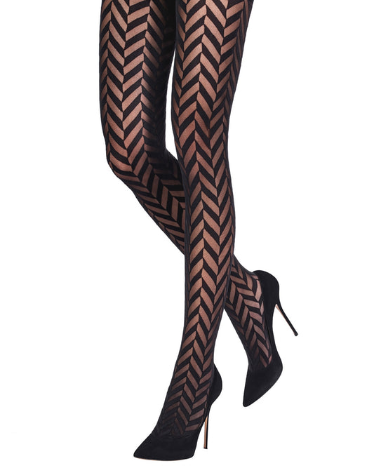 Emilio Cavallini 5E23.1.52 Classic Herringbone Tights - Black sheer and opaque chevron zig-zag style patterned fashion tights