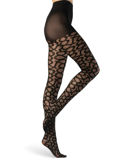 Sheer black fashion tights with an all over opaque & symbol graphic pattern, boxer top brief