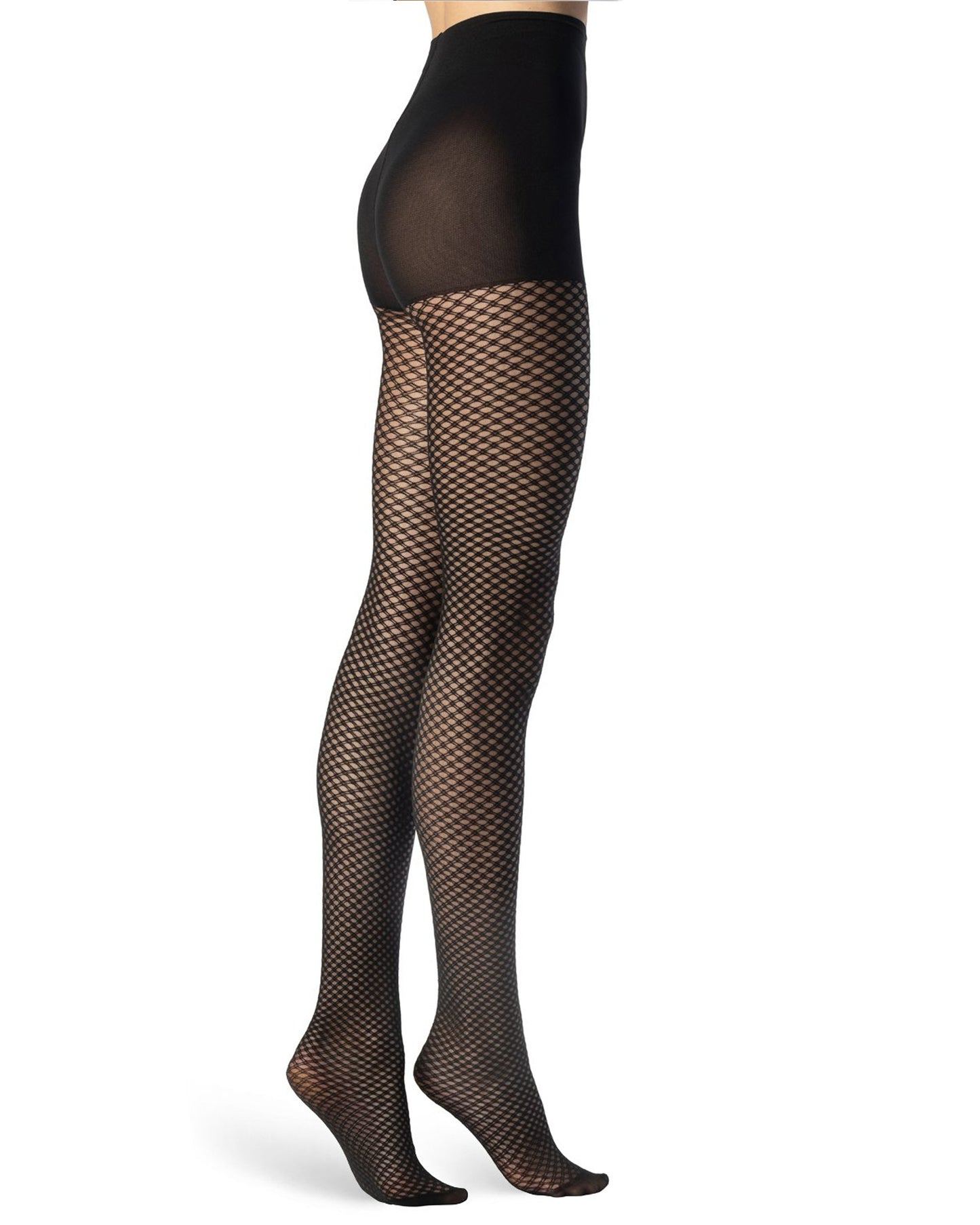 Black mesh fishnet pattern tights with a high-waisted compression waistband, shown on a model's legs against a white background.