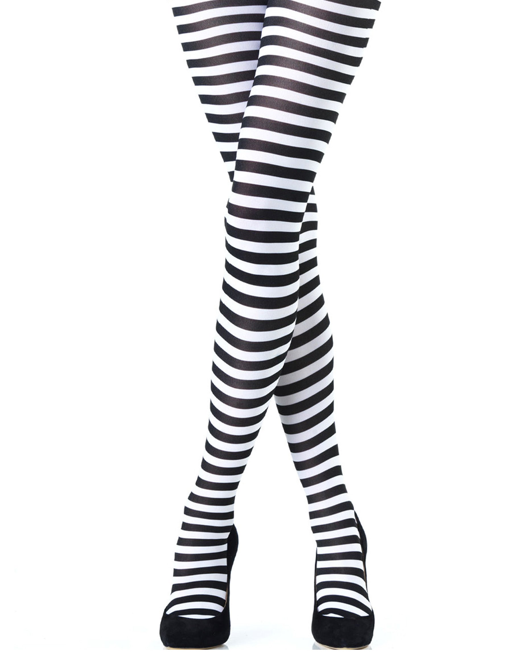 Emilio Cavallini Two Toned Horizontal Stripes Tights - black and white striped tights, model has legs crossed, wearing black stilettos.