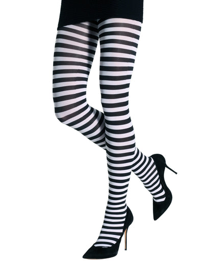 Emilio Cavallini Two Toned Horizontal Stripes Tights - black and white striped tights, model has legs crossed, wearing black stilettos and black mini skirt.