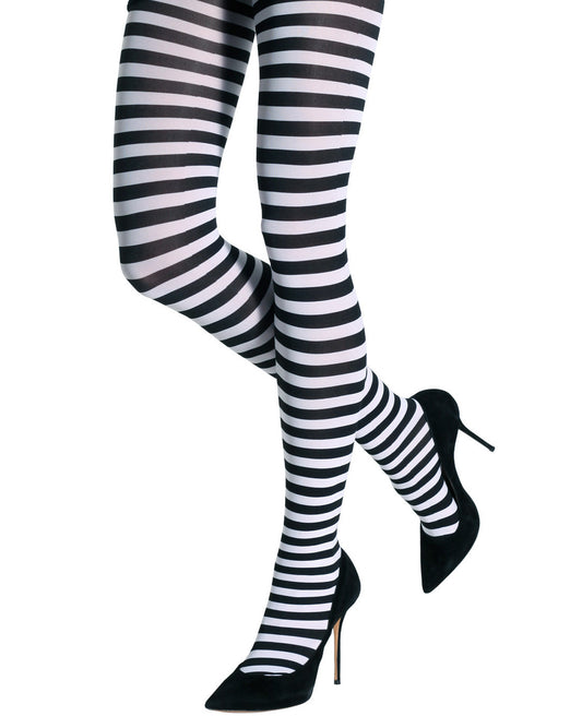 Emilio Cavallini Two Toned Horizontal Stripes Tights - black and white striped tights, worn with black stilettos.