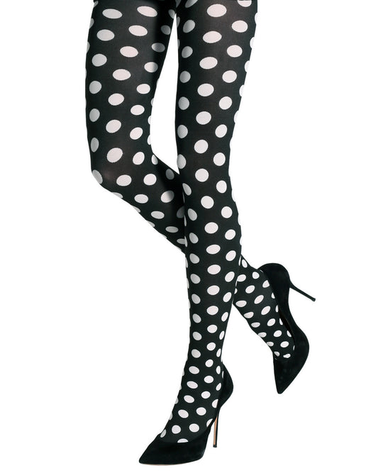 Emilio Cavallini Two Toned Medium Dots Tights - black opaque tights with white polka dots, worn with black high heels.