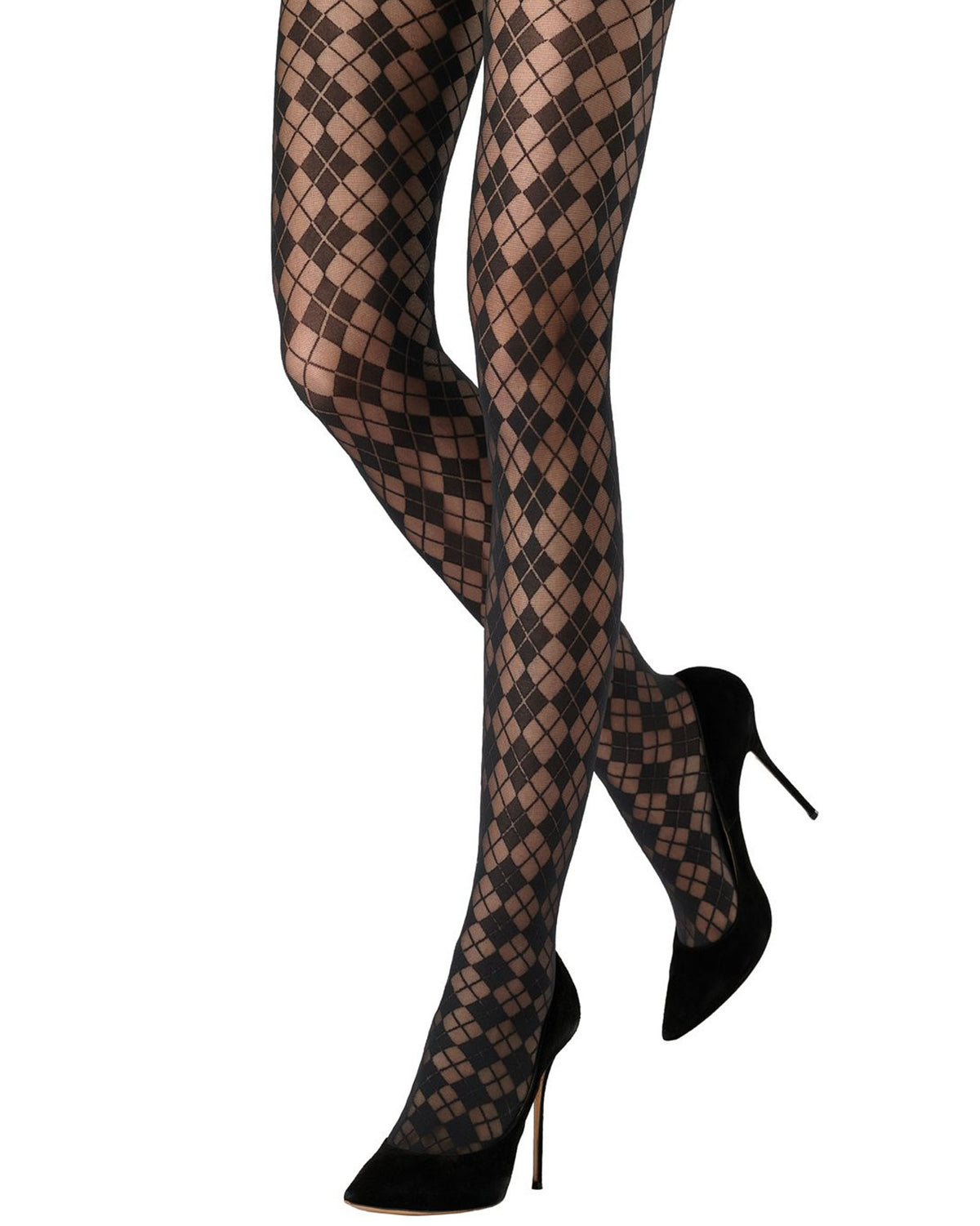 Black argyle patterned fishnet tights worn on a model's legs, paired with black pointed-toe stiletto heels against a plain white background.