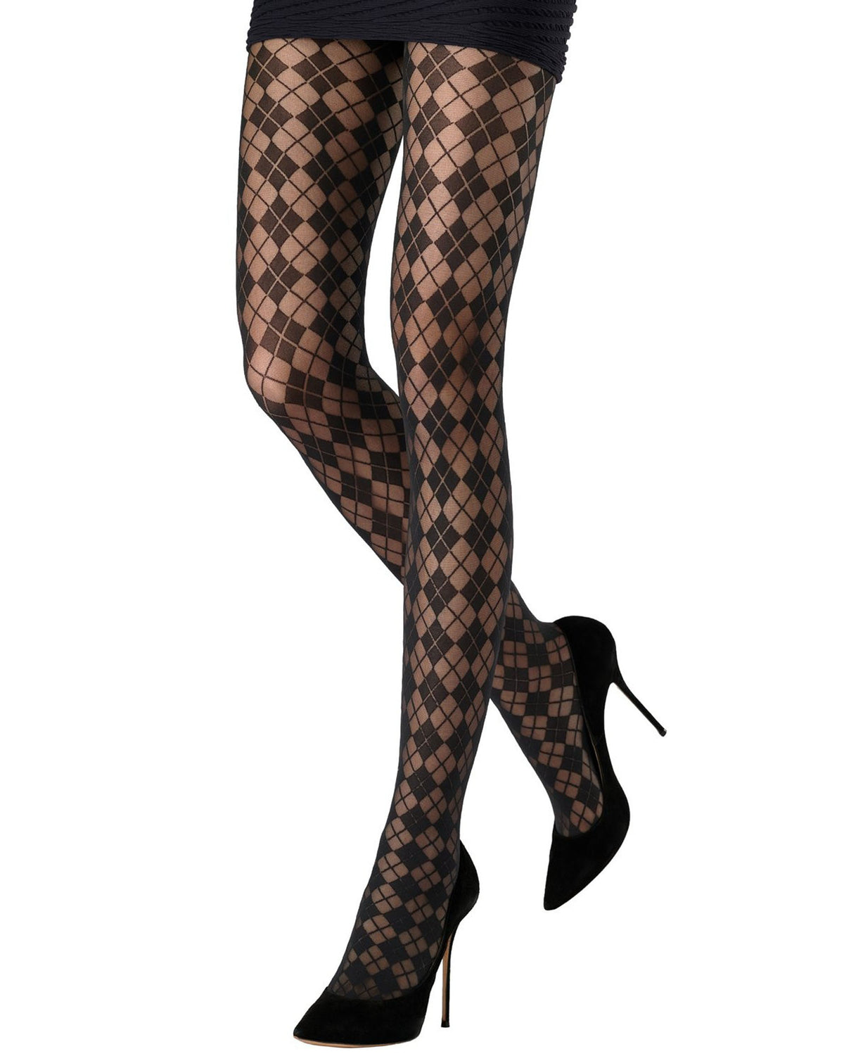 Black argyle patterned tights worn on legs, paired with black pointed-toe stiletto heels against a plain white background.