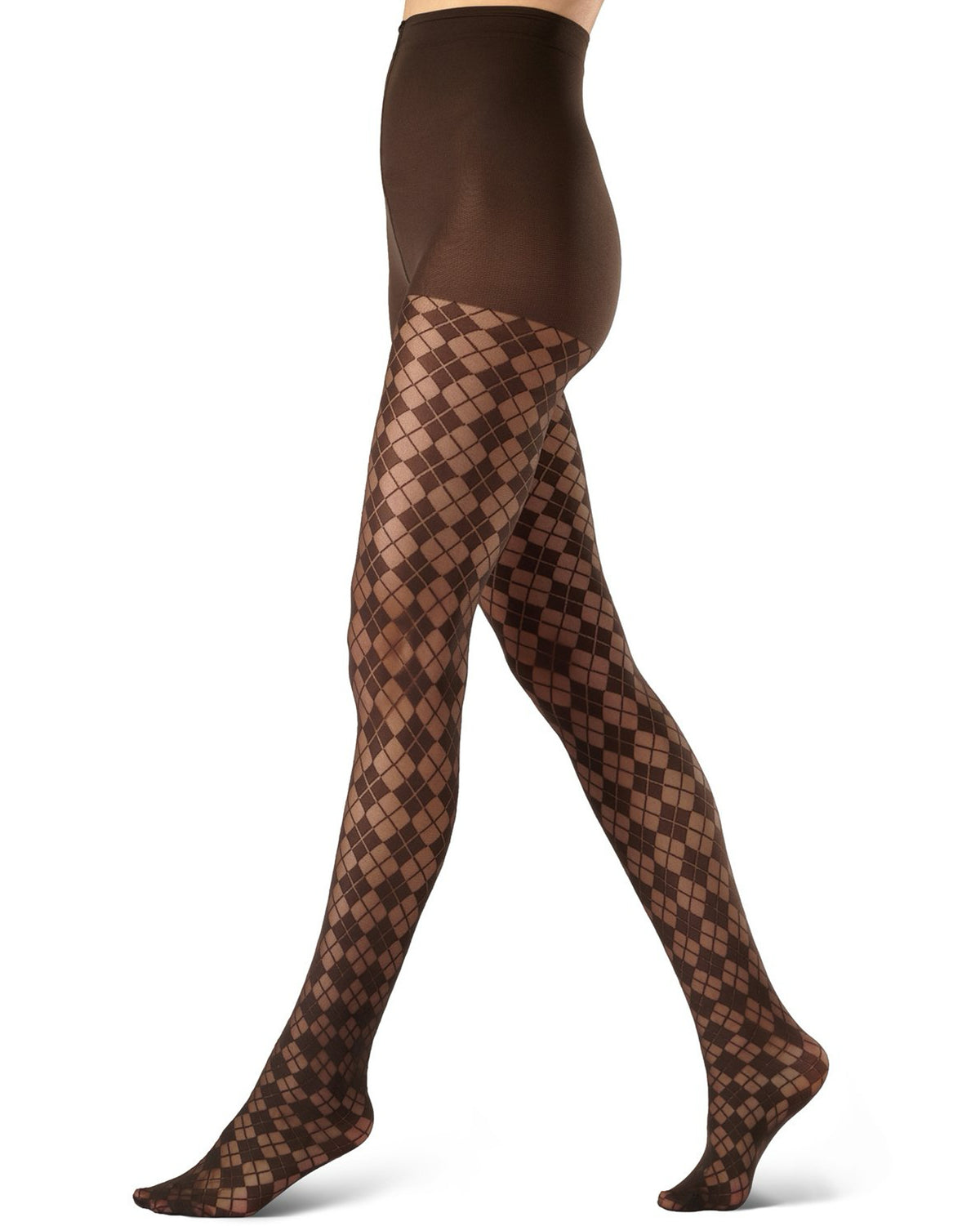 A model's legs wearing sheer brown tights with a diamond argyle pattern, shown from the waist down on a white background.