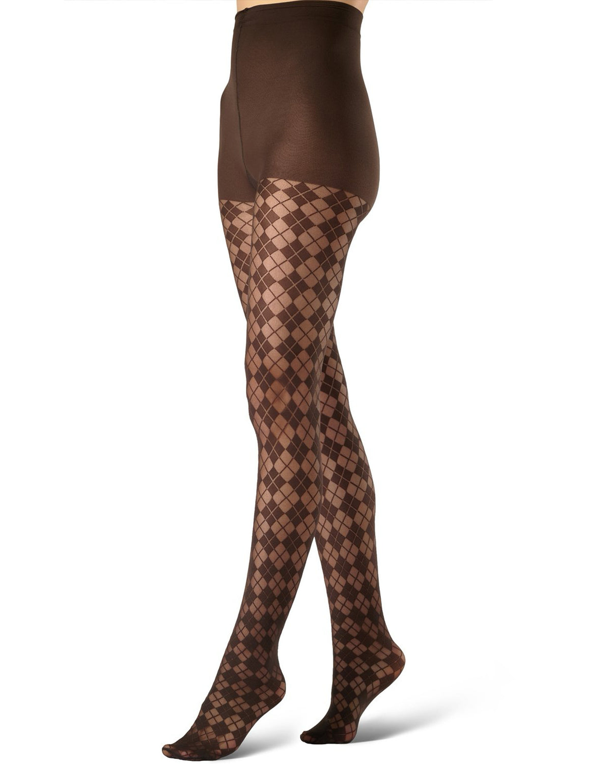 Brown argyle patterned tights shown on a model's legs against a white background.