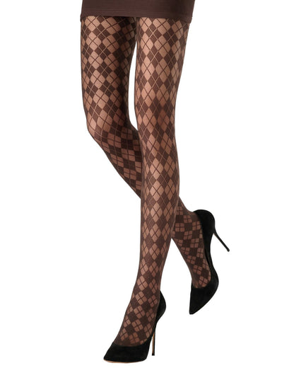 A pair of legs wearing sheer argyle-patterned tights in shades of brown, paired with black pointed-toe stiletto heels against a plain white background.